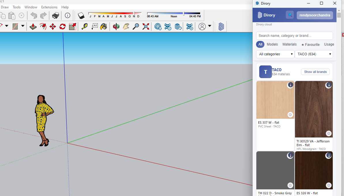 The Dirory panel open inside SketchUp, showing the TACO brand with 634 materials